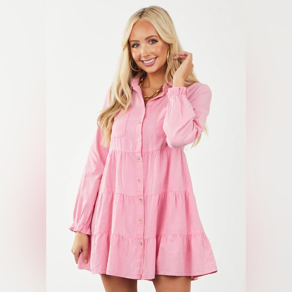 Lime lush, Punch Pink Tiered Long Sleeve Button Down Dress